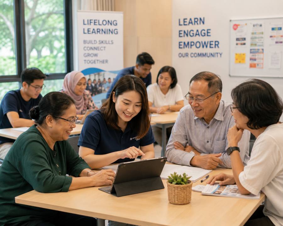 Community learning workshop with participants around a table