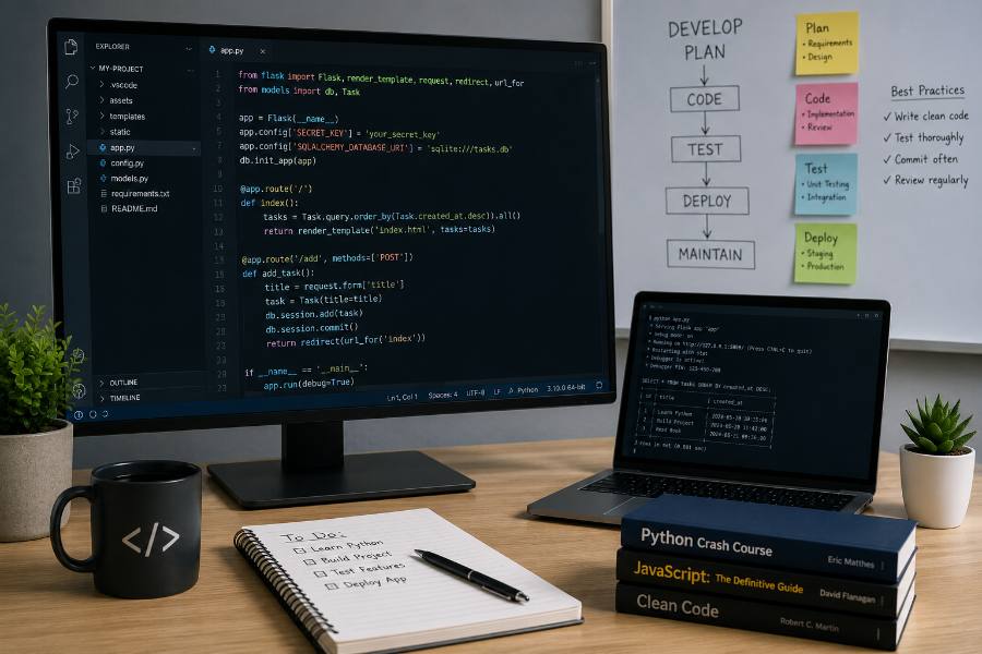 Developer workspace with code, planning notes, and project workflow