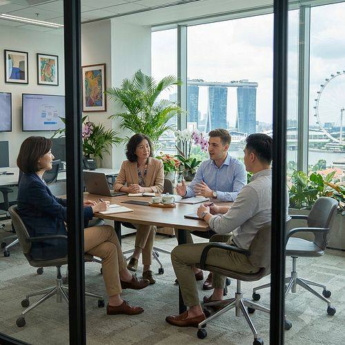 Team meeting with Marina Bay Sands skyline view