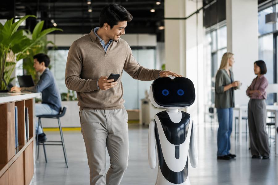 Man interacting with an AI robot assistant in the office