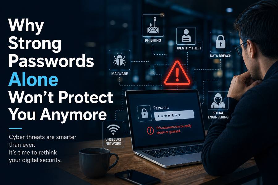 Cybersecurity threats including phishing, malware, and data breach warning on laptop