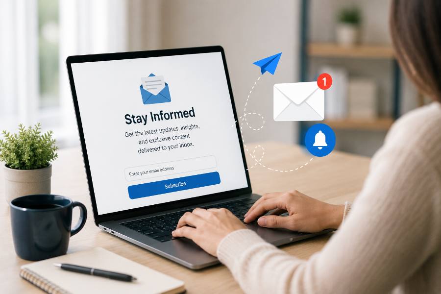 Newsletter subscribe illustration with laptop and notifications