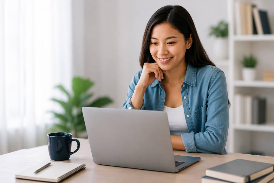 Woman smiling while using a laptop at home